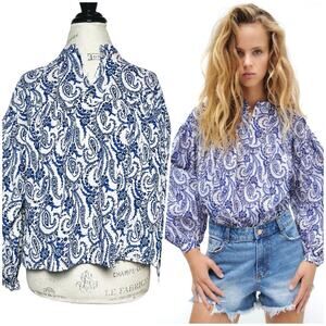 Zara | Women | White Blue Paisley Cotton Balloon Sleeve Babydoll Top | Large